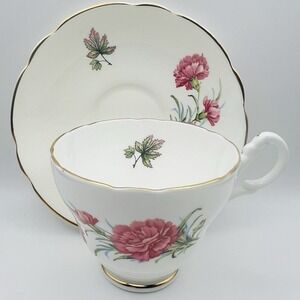 Regency Teacup Saucer Bone China Pink Carnation Floral Gold Trim Vintage Set